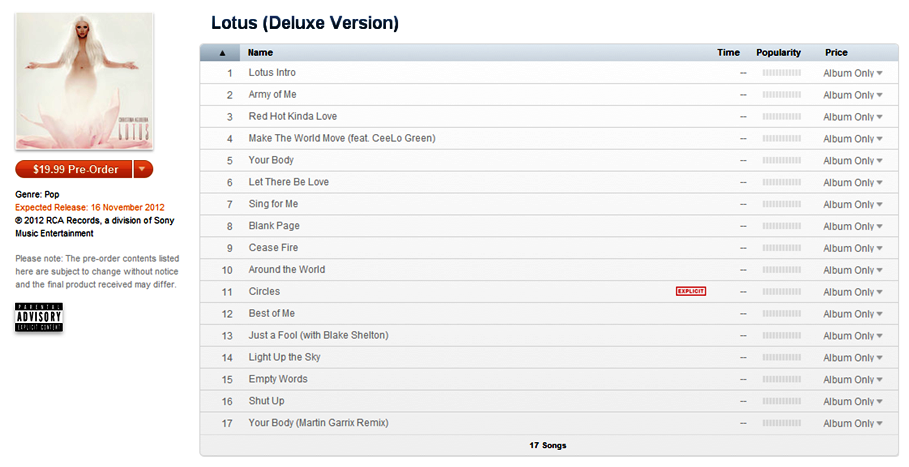 Christina Aguilera Lotus Album Tracklist