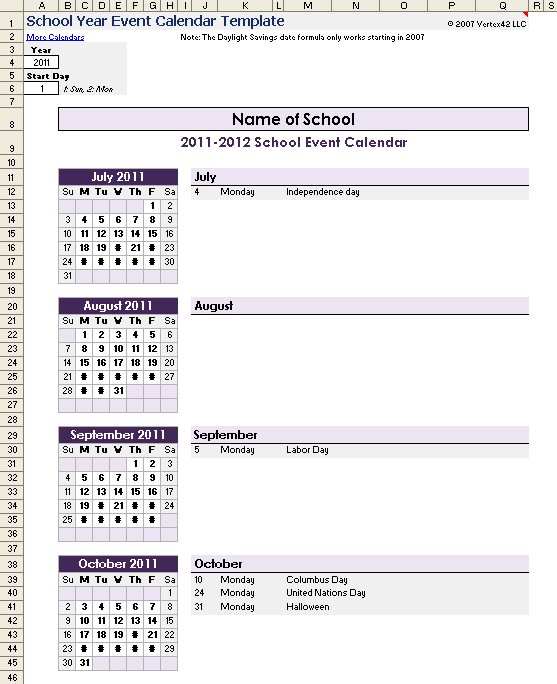 Events Calendar Template Free