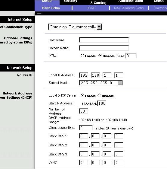 Linksys Router Setup Page