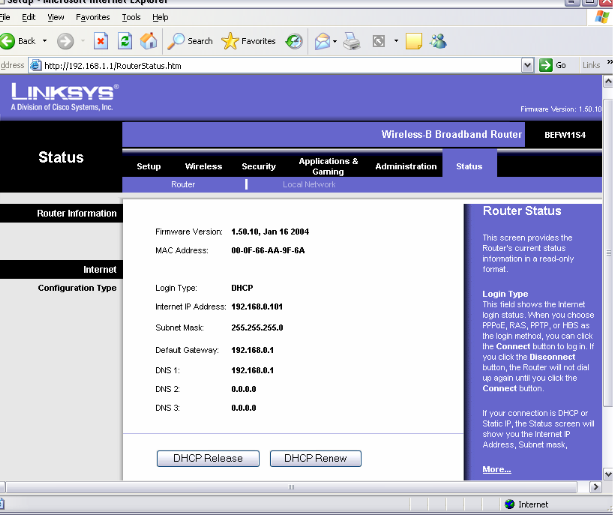 Linksys Router Setup Page