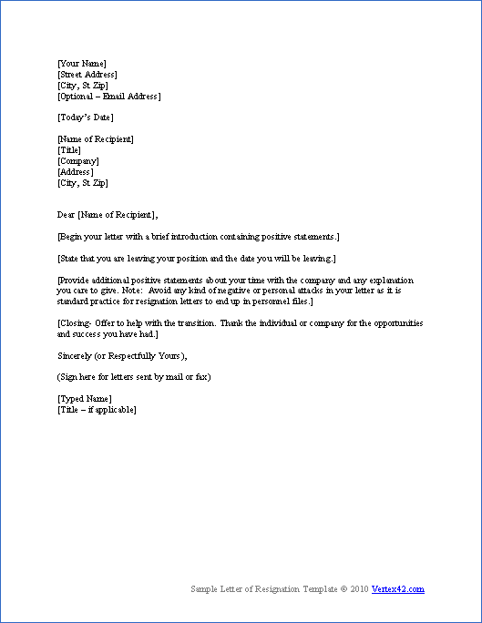 Resignation Letter Format Sample