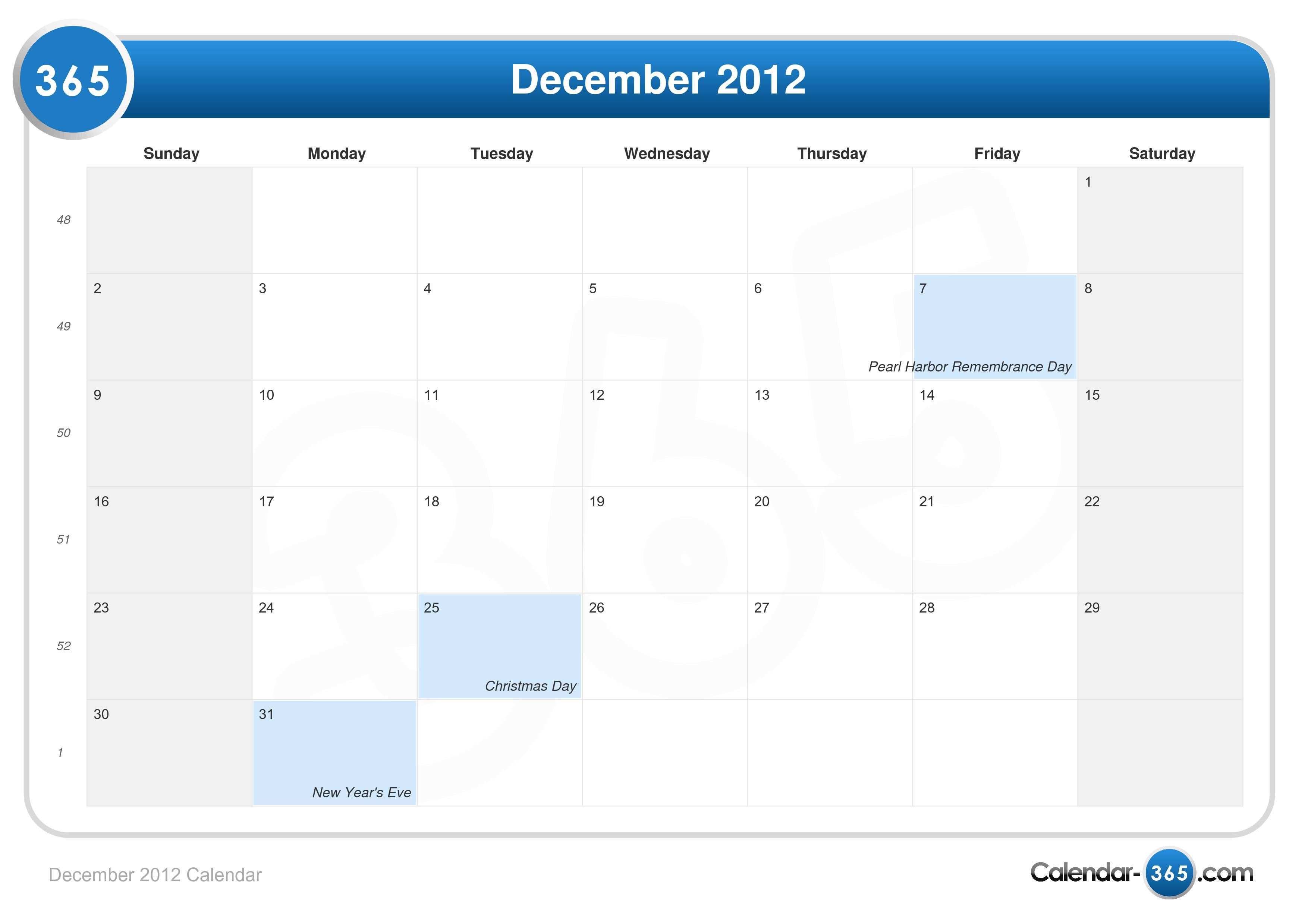 Weekly Calendar December 2012